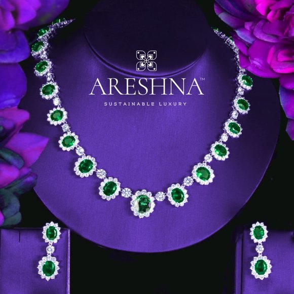 Areshna Jewelry - Green Emerald Diamond Bridal Jewelry Set Necklace and Earrings Crystal Jewelry